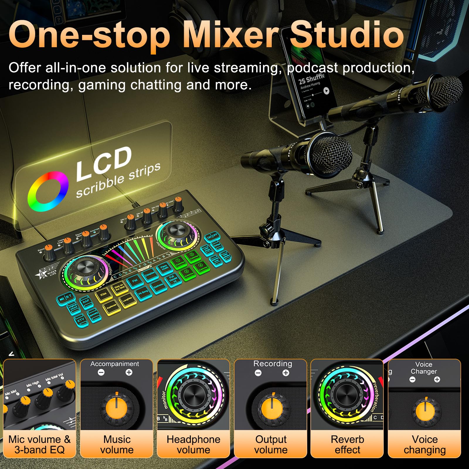 Podcast Equipment Bundle for 2 Mic Tiktok Video Content Creator Kit, Audio Interface DJ Mixer Sound Card Board Condenser Microph